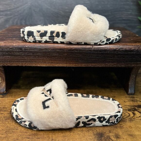 APL Women’s Shearling Slide Sandal in Parchment/Black/Leopard. 🖤🤍🤎 Size 8. NI - Picture 7 of 16